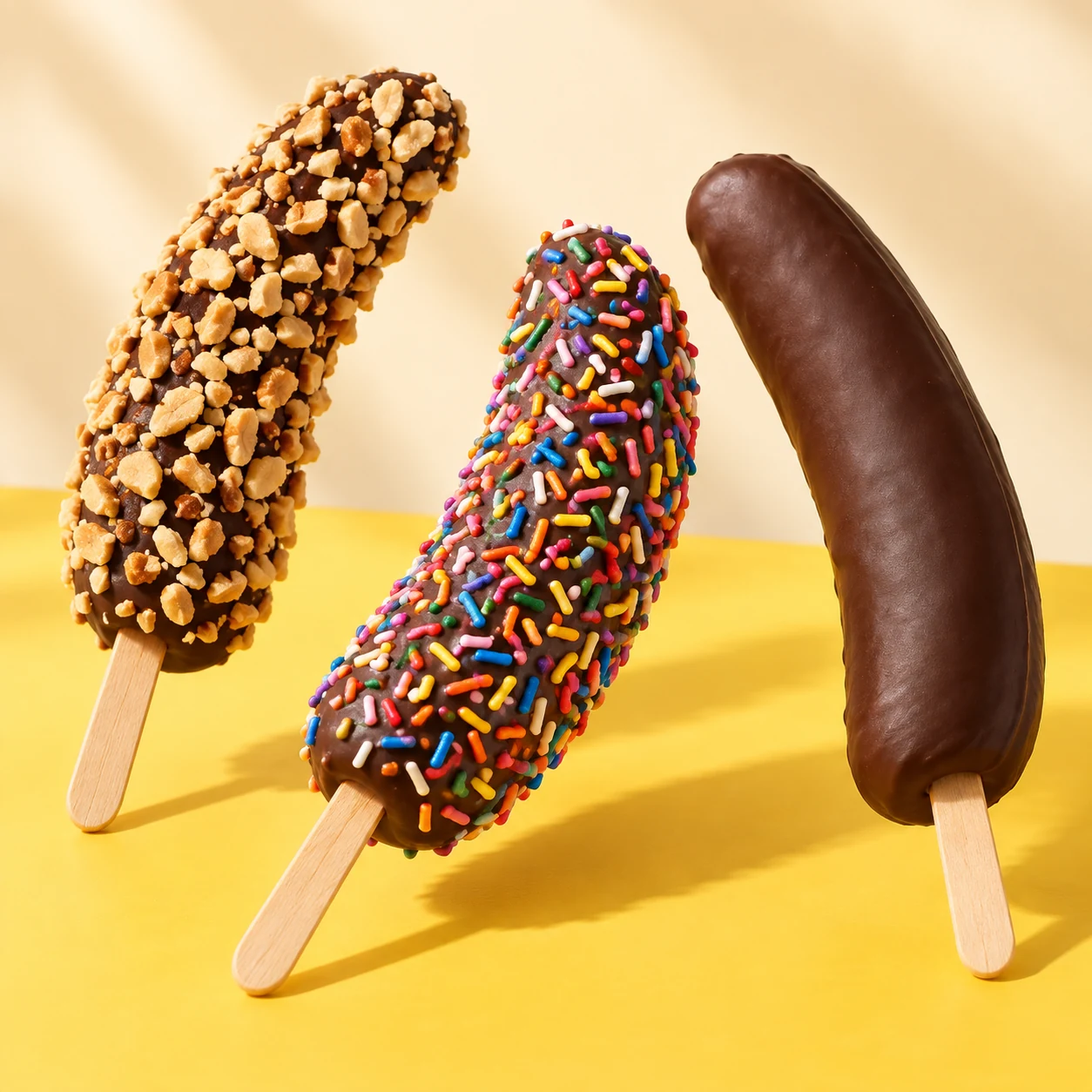 Three chocolate-dipped frozen bananas with peanuts, sprinkles, and a plain chocolate shell