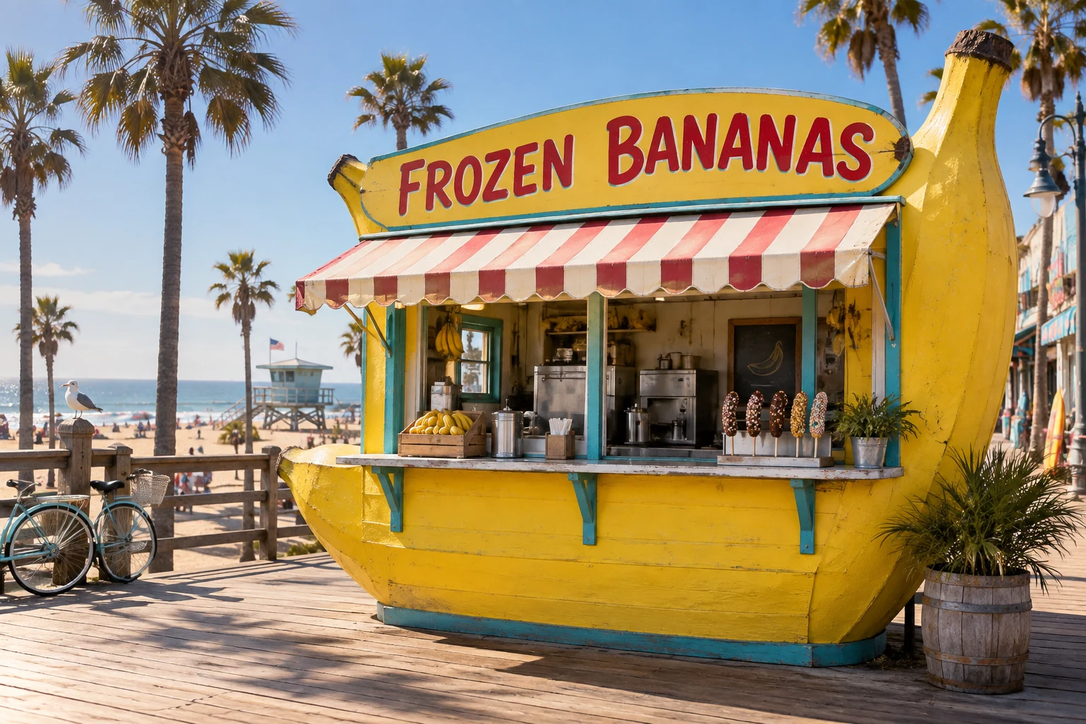 A sunny yellow banana-shaped stand with a striped awning on the boardwalk